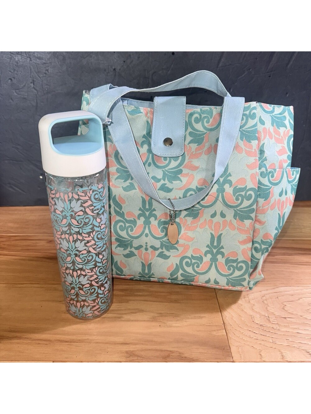 Eco One Insulated Lunch Tote & Matching Water Bottle Blue Pink Damask Set